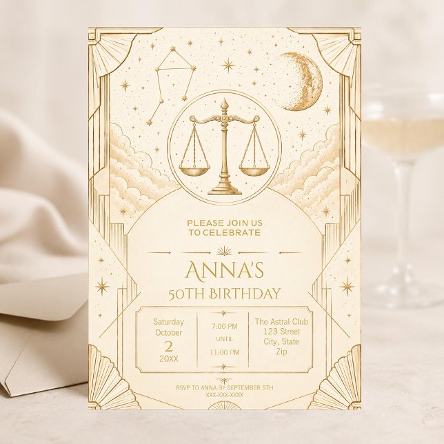 Invitación Cumpleaños 50 Libra | Elegante Oro (Elegant Libra 50th birthday invitation with luxurious gold and cream Art Deco celestial design.)