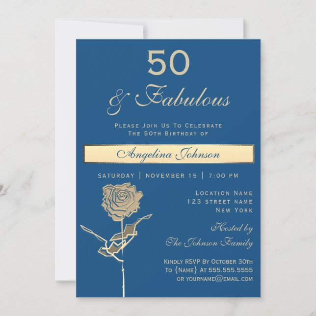 Invitación Cumpleaños 50 Lujo Oro y Azul Clásico (Anverso)
