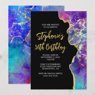 Invitación Cumpleaños 50 Magenta Azul Real Fuego Ópalo Dorado
