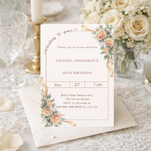 Invitación cumpleaños 50 marfil crema flores lazo