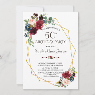 Invitación Cumpleaños 50 Merlot Navy Azul Floral Dorado Marco
