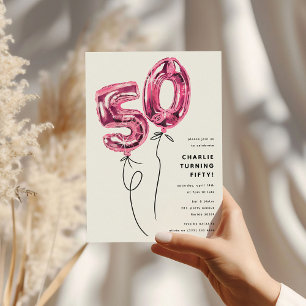 Invitación Cumpleaños 50 Minimalista Rosa 50 Globo Fiesta