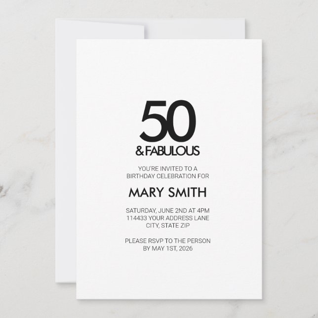 Invitación Cumpleaños 50 Mínimo Negro y Fabuloso (Anverso)