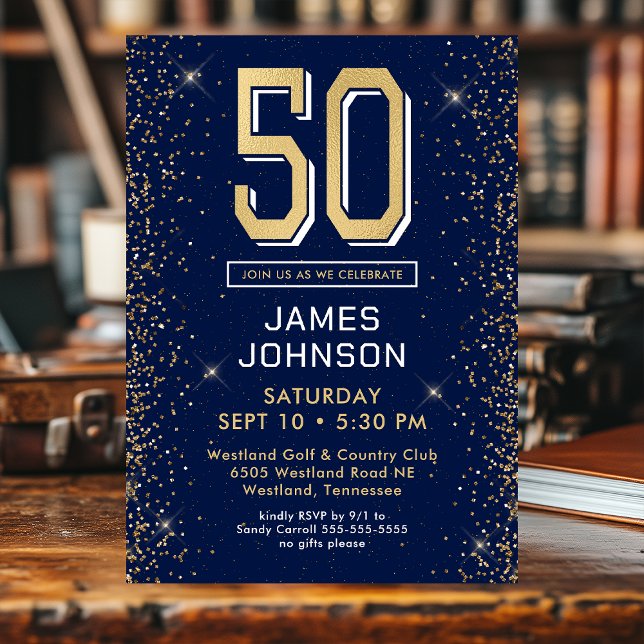 Invitación Cumpleaños 50 Moderno Azul Marino (Subido por el creador)