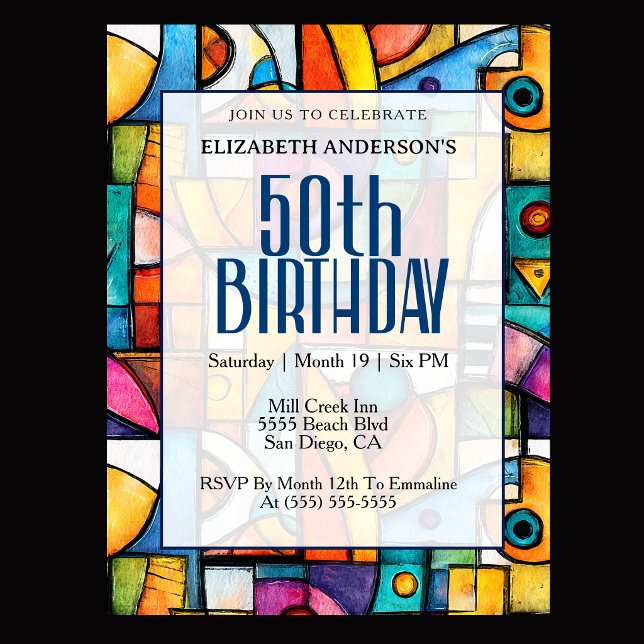 Invitación Cumpleaños 50 moderno cubista (Modern colorful abstract 50th birthday invitation for elegant milestone celebration
)