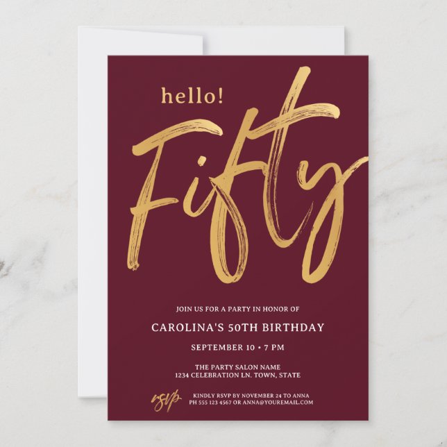 Invitación Cumpleaños 50 Moderno de Oro (Anverso)