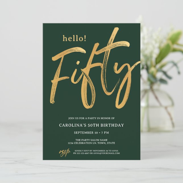 Invitación Cumpleaños 50 Moderno de Oro (Anverso de pie)