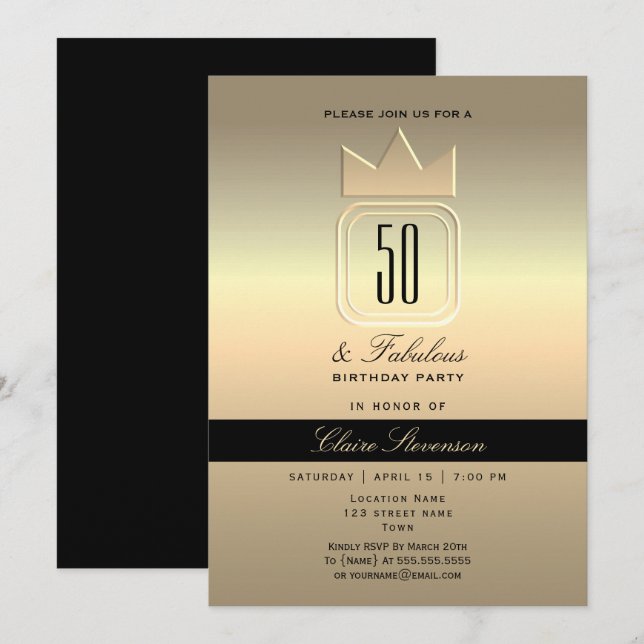Invitación Cumpleaños 50 Moderno Dorado (Anverso / Reverso)