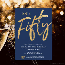 Invitación Cumpleaños 50 Moderno Dorado Azul