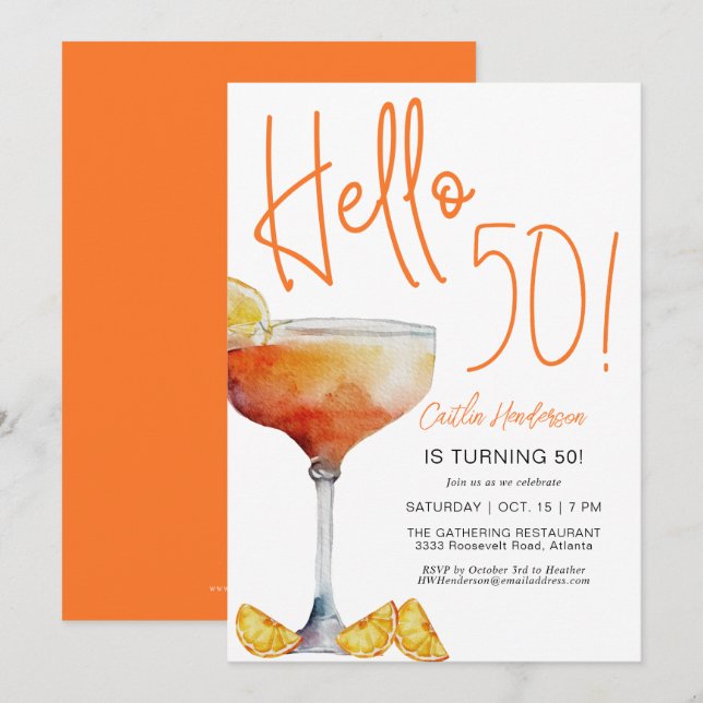 Invitación Cumpleaños 50 Moderno Naranja Hola (Anverso / Reverso)