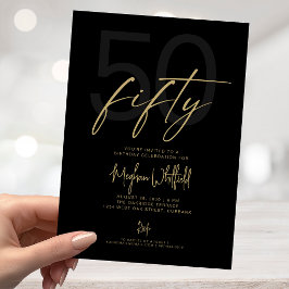 Invitación Cumpleaños 50 Moderno Negro Escritura Dorada