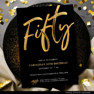 Invitación Cumpleaños 50 Moderno Script Gold Black