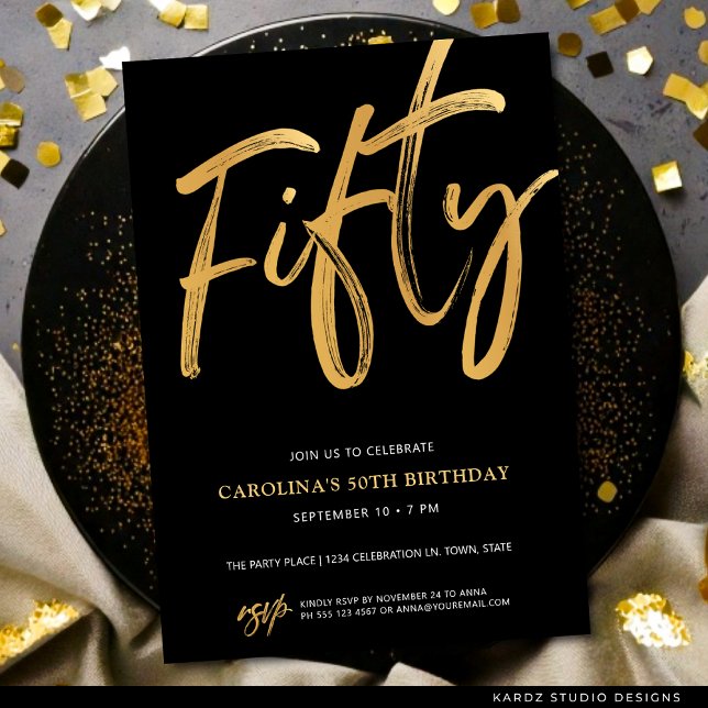 Invitación Cumpleaños 50 Moderno Script Gold Black (Faux gold invite shown in 5x7 inches with square corners. Choose corner, paper and size.)