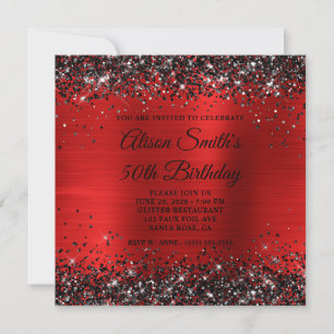 Invitación Cumpleaños 50 Monograma con Purpurina Negra y Hoja