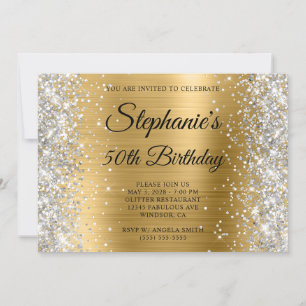 Invitación Cumpleaños 50 Monograma de Hoja de Oro Brillo Plat