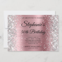 Invitación Cumpleaños 50 Monograma Rosa Claro Brillo Plateado