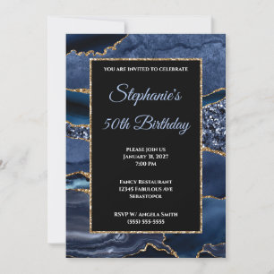 Invitación Cumpleaños 50 Navy Agate Gold Glitter Glam