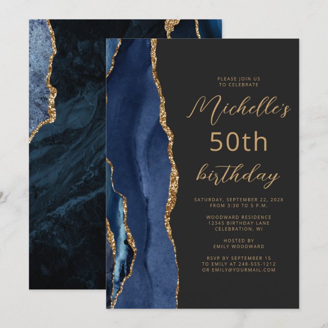 Invitación Cumpleaños 50 Navy Blue Gold Agate Slate Script (Anverso / Reverso)