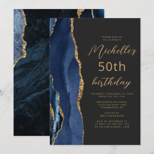 Invitación Cumpleaños 50 Navy Blue Gold Agate Slate Script