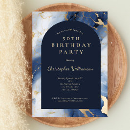 Invitación Cumpleaños 50 Navy Blue Gold Marble Modern Arch