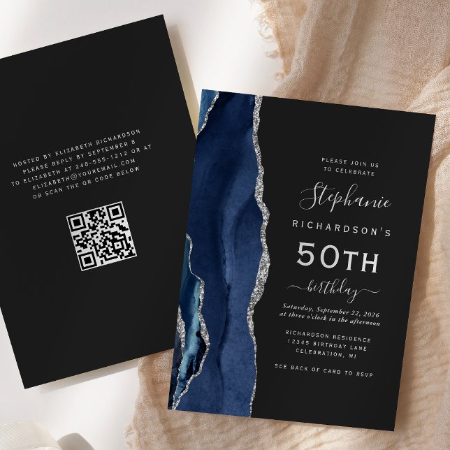 Invitación Cumpleaños 50 Navy Blue Silver Agate Código QR (Subido por el creador)