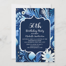 Invitación Cumpleaños 50 Navy Dusty Blue Floral
