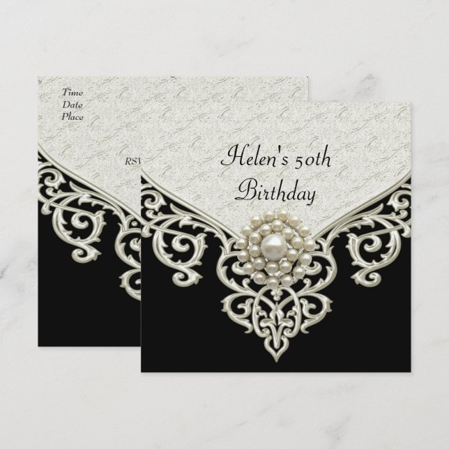 Invitación Cumpleaños 50 negro blanco crema perla joya (Anverso / Reverso)