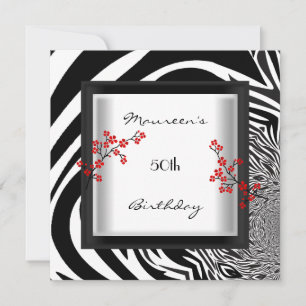 Invitación Cumpleaños 50 Negro Blanco Rojo Cebra Floral Asiát