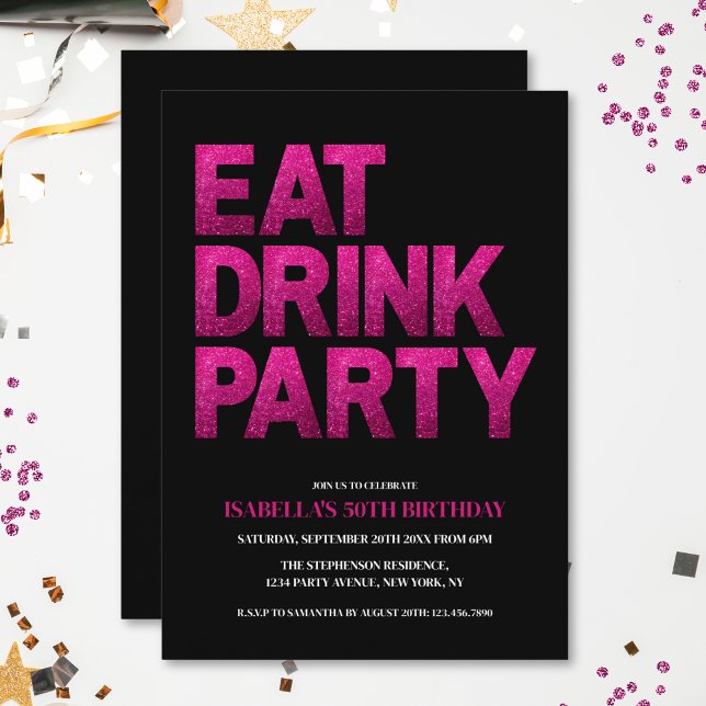 Invitación Cumpleaños 50 Negro Rosa Brillante Comer Beber Fie (Subido por el creador)
