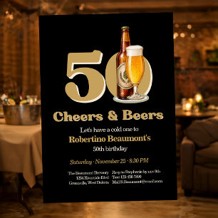 Invitación Cumpleaños 50 negro simple Cheers & Beers para hom