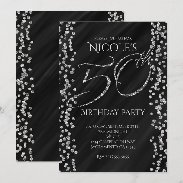 Invitación Cumpleaños 50 negro y brillo plateado falso Glam (Anverso / Reverso)