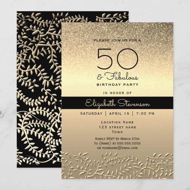 Invitación Cumpleaños 50 negro y dorado (Anverso / Reverso)