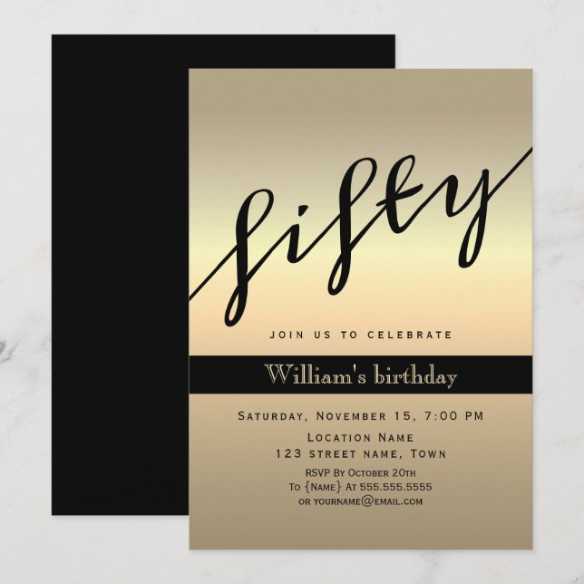 Invitación Cumpleaños 50 negro y dorado (Anverso / Reverso)