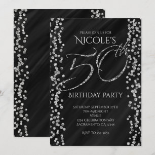Invitación Cumpleaños 50 negro y glamour con brillo plateado 