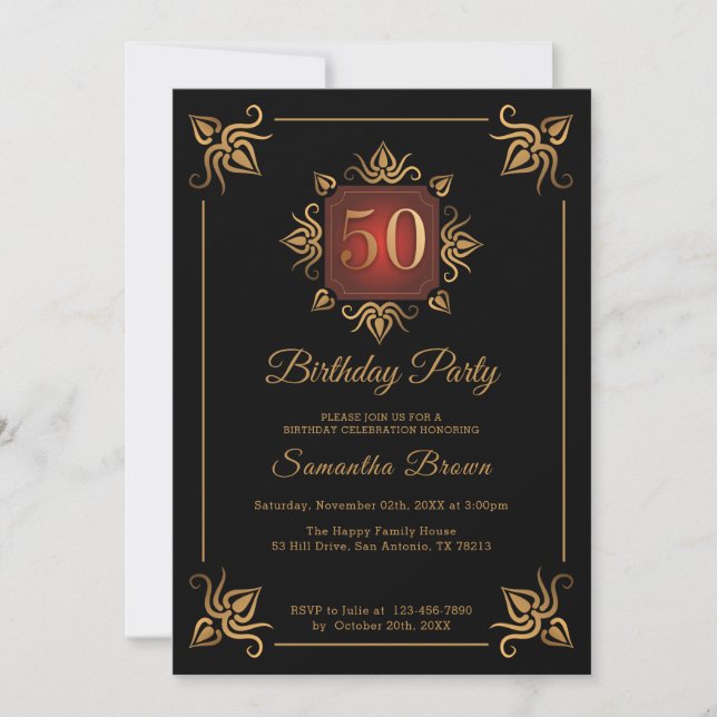 Invitación Cumpleaños 50°, Negro y Oro (Anverso)