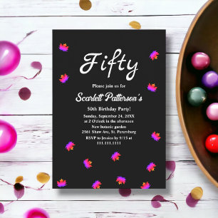 Invitación Cumpleaños 50 Otoño Hojas Negras Y Blancas