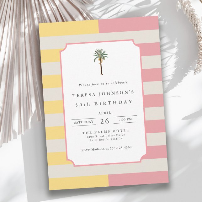 Invitación Cumpleaños 50 Palm Beach Pastel Franja Tropical (Available in both printed and instant download digital formats.)