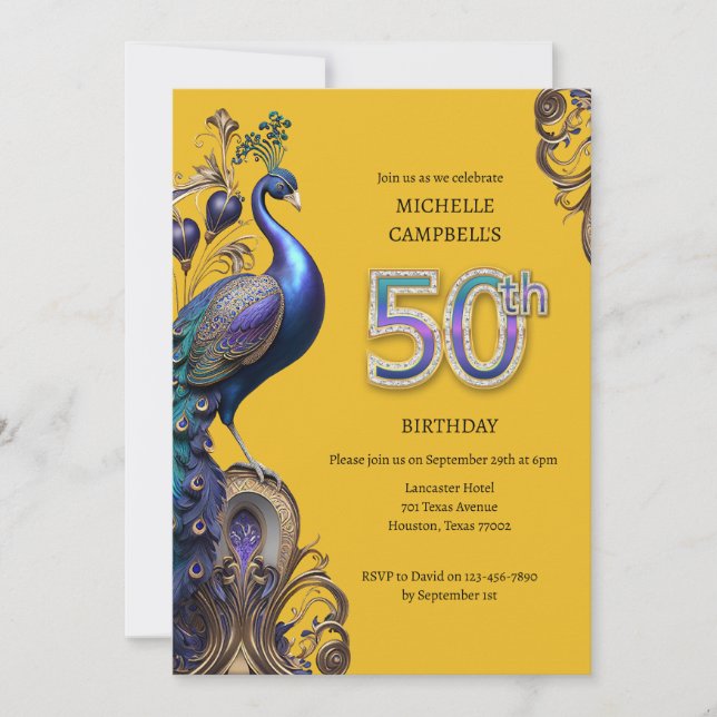 Invitación Cumpleaños 50, pavo real (Anverso)