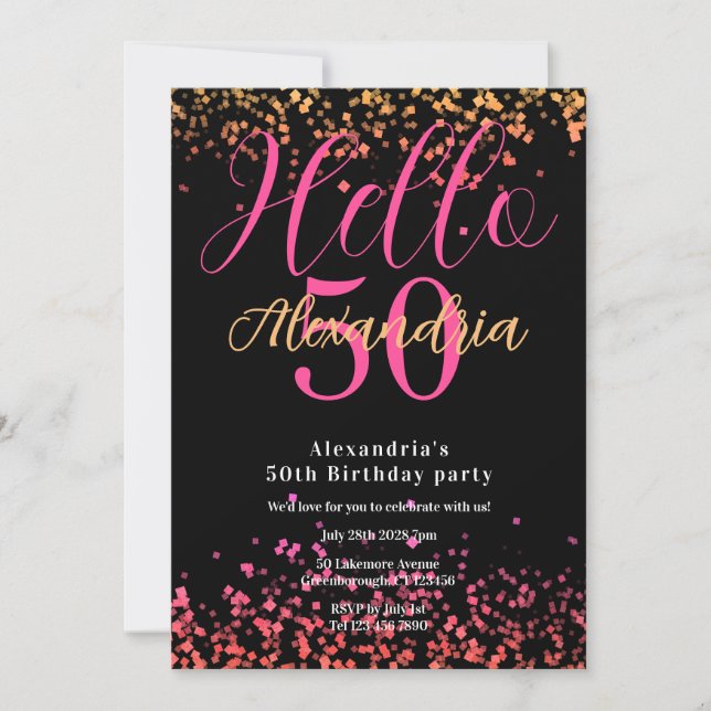 Invitación Cumpleaños 50 Personalizado con Brillo Negro y Ros (Anverso)