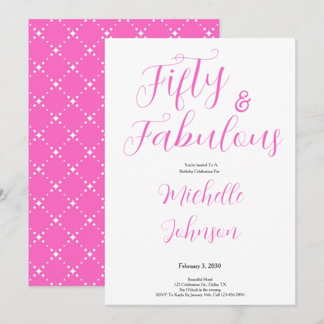 Invitación Cumpleaños 50 Pink Black cincuenta y fabuloso (Anverso / Reverso)