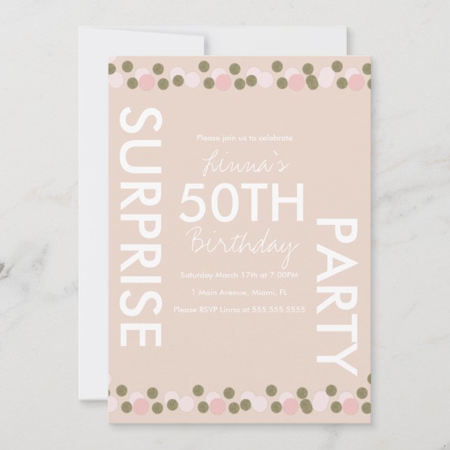 Invitación Cumpleaños 50 Pink Blush Confetti Fiesta Sorpresa (Anverso)