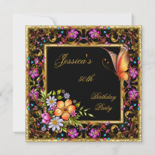 Invitación Cumpleaños 50 Pink Floral Butterfly Gold Black