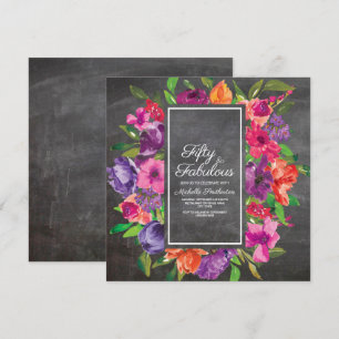 Invitación Cumpleaños 50 Pink Purple Naranja Floral Pizarra