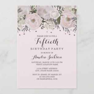 Invitación Cumpleaños 50 Pretty Blush Pink Silver Floral