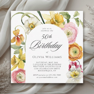 Invitación Cumpleaños 50 Primavera Jardín Acuarela Floral