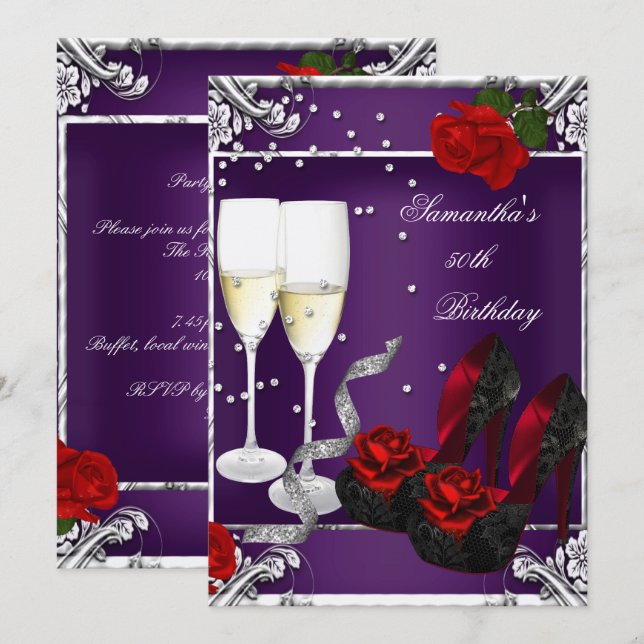 Invitación Cumpleaños 50 Purple Red Rose Silver (Anverso / Reverso)