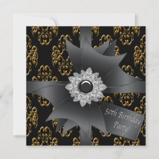 Invitación Cumpleaños 50 Regalo Damasco Dorado Negro Elegante
