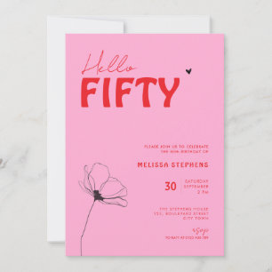 Invitación Cumpleaños 50 Retro Negrita Tipografía Rosa Rojo S