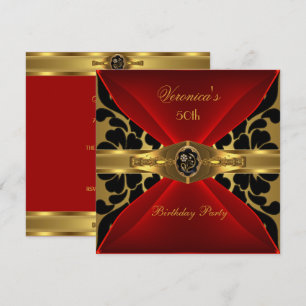 Invitación Cumpleaños 50 Rojo Dorado Negro Damask Floral Joya