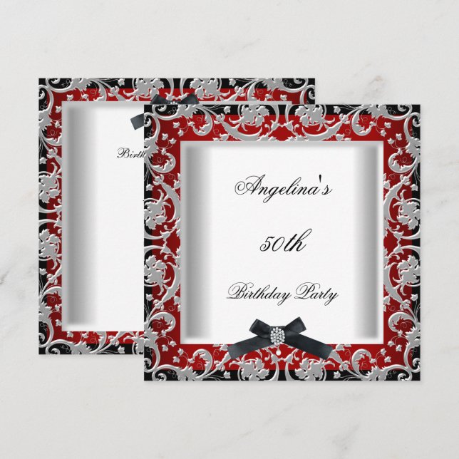 Invitación Cumpleaños 50 Rojo Negro Blanco Joya Arco (Anverso / Reverso)